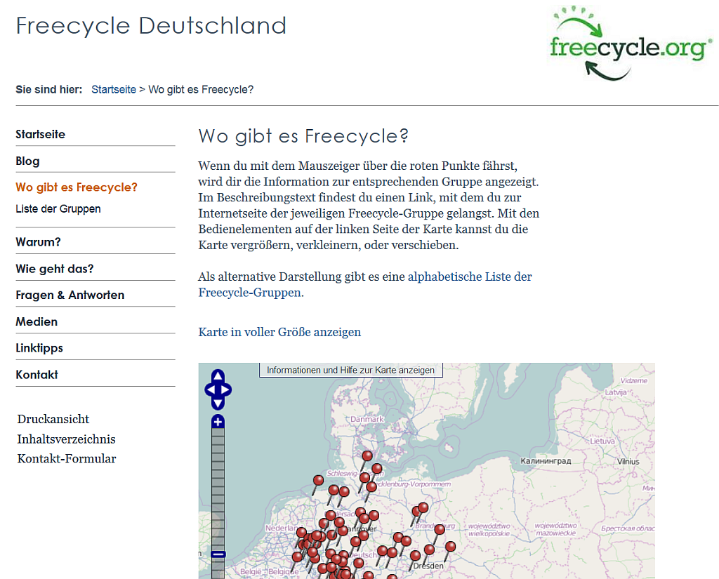 Ein Foto der Website. Erklärung wo es Freecycle in Deutschland gibt.